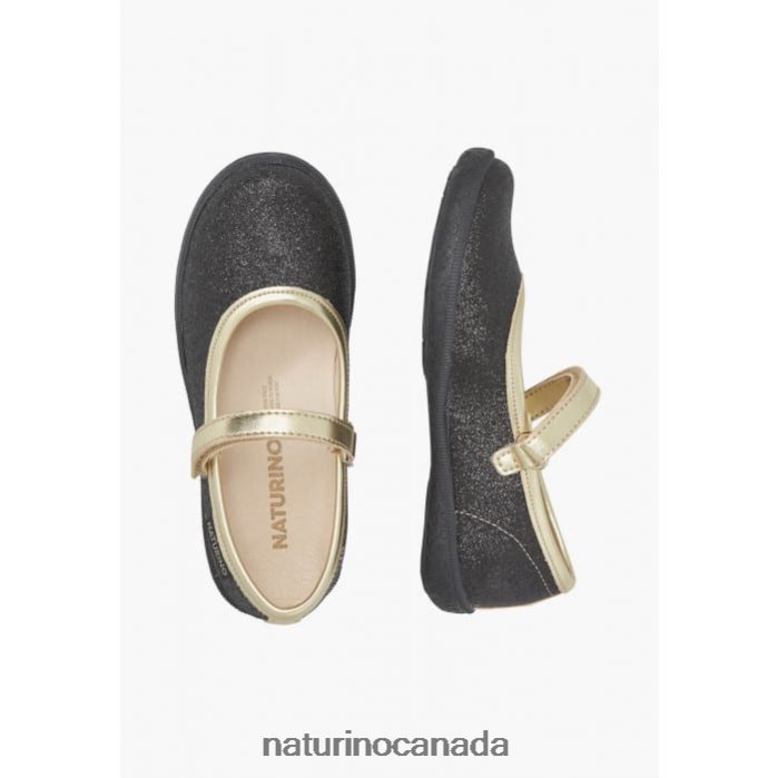 Kids PAVIA Z2N0TL535 Naturino Glitter Ballet Flats with Strap Black-Platinum