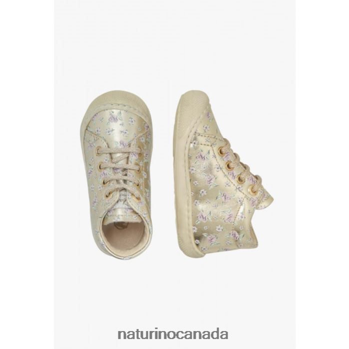 Kids COCOON Z2N0TL165 Naturino Leather First Step Shoes with Rose Print Platinum