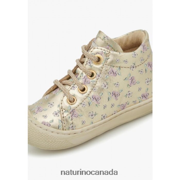 Kids COCOON Z2N0TL165 Naturino Leather First Step Shoes with Rose Print Platinum