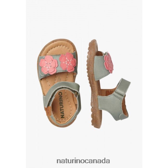 Kids BEGONIA Z2N0TL248 Naturino Nappa Leather Sandals with Applied Flowers Green-Pink