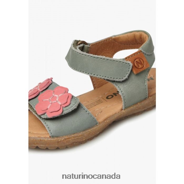 Kids BEGONIA Z2N0TL248 Naturino Nappa Leather Sandals with Applied Flowers Green-Pink