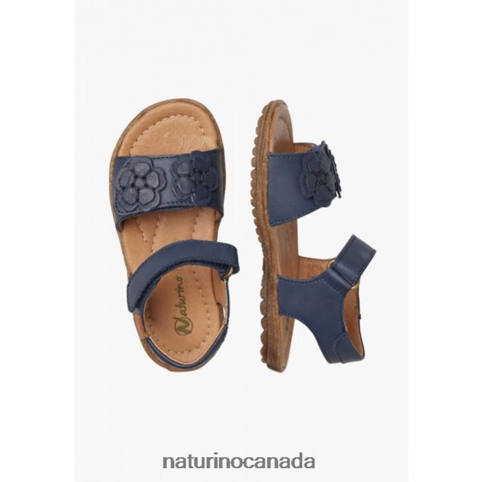 Kids BEGONIA Z2N0TL334 Naturino Nappa Leather Sandals with Applied Flowers Navy