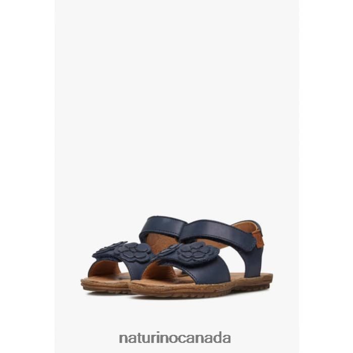 Kids BEGONIA Z2N0TL334 Naturino Nappa Leather Sandals with Applied Flowers Navy