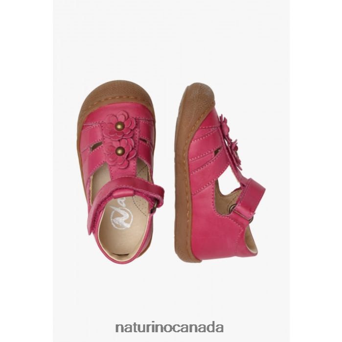 Kids MAGGY Z2N0TL595 Naturino Semi-Closed Sandals with Applied Flowers Fuchsia