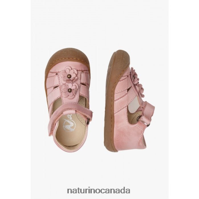 Kids MAGGY Z2N0TL596 Naturino Semi-Closed Sandals with Applied Flowers Pink