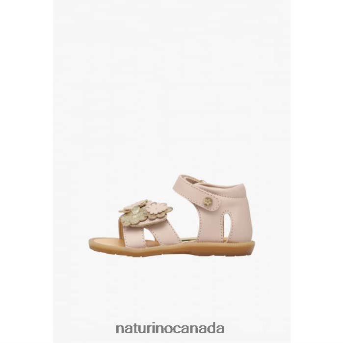 Kids QUAREY Z2N0TL552 Naturino Leather Sandals with Applied Flowers Powder Pink