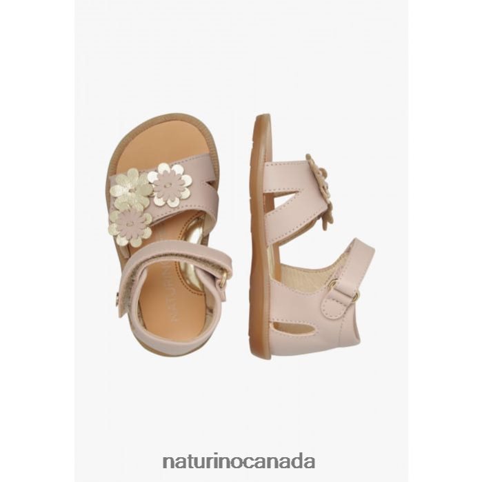Kids QUAREY Z2N0TL552 Naturino Leather Sandals with Applied Flowers Powder Pink