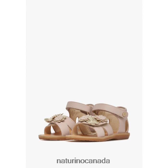 Kids QUAREY Z2N0TL552 Naturino Leather Sandals with Applied Flowers Powder Pink