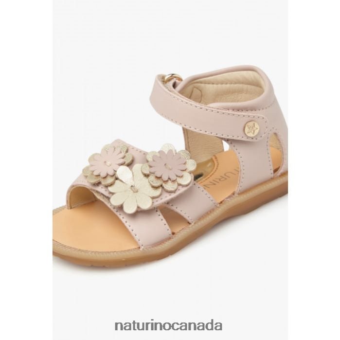 Kids QUAREY Z2N0TL552 Naturino Leather Sandals with Applied Flowers Powder Pink