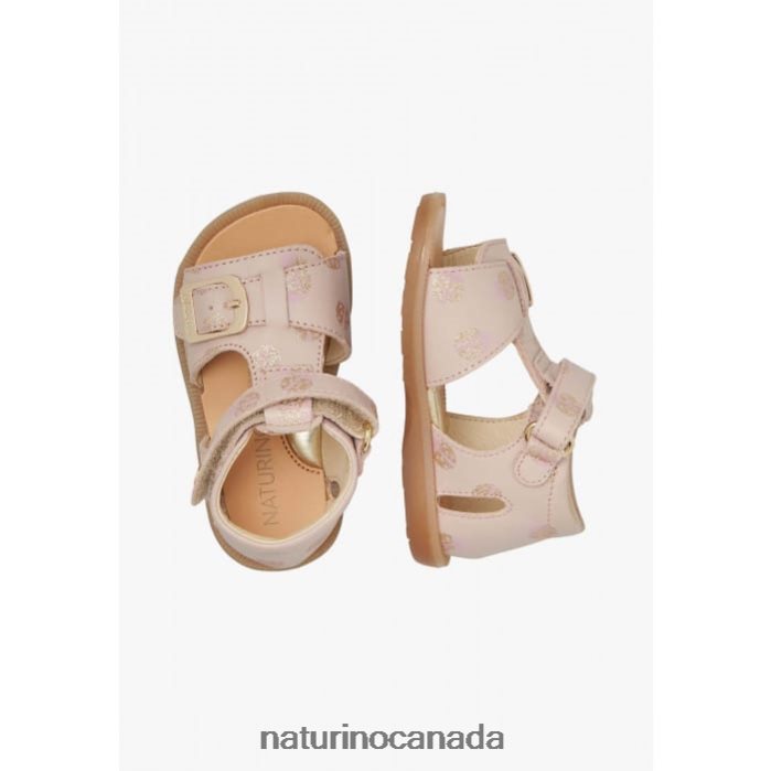 Kids QUARZO Z2N0TL230 Naturino Leather Sandals with Glitter Print Powder Pink