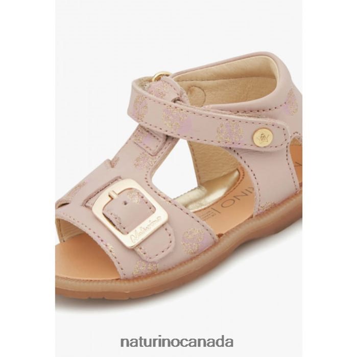 Kids QUARZO Z2N0TL230 Naturino Leather Sandals with Glitter Print Powder Pink