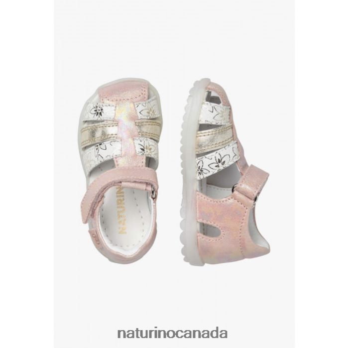 Kids SEE Z2N0TL249 Naturino Metallic Leather Semi Closed Sandals Pink-Platinum