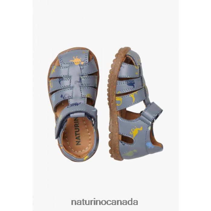 Kids SEE Z2N0TL319 Naturino Leather Sandals with Dinosaur Print Sky Blue