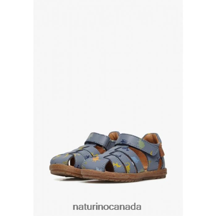 Kids SEE Z2N0TL319 Naturino Leather Sandals with Dinosaur Print Sky Blue