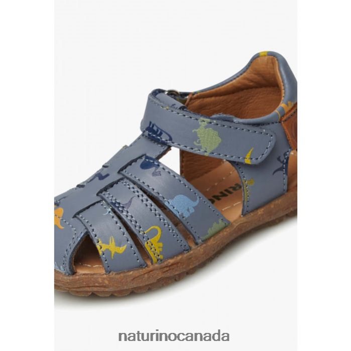 Kids SEE Z2N0TL319 Naturino Leather Sandals with Dinosaur Print Sky Blue