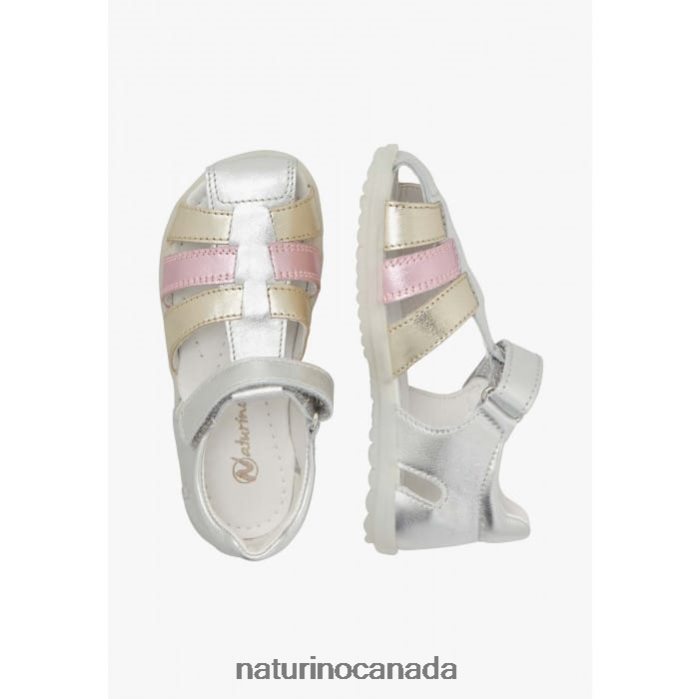 Kids SEE Z2N0TL329 Naturino Metallic Leather Semi Closed Sandals Silver-Platinum