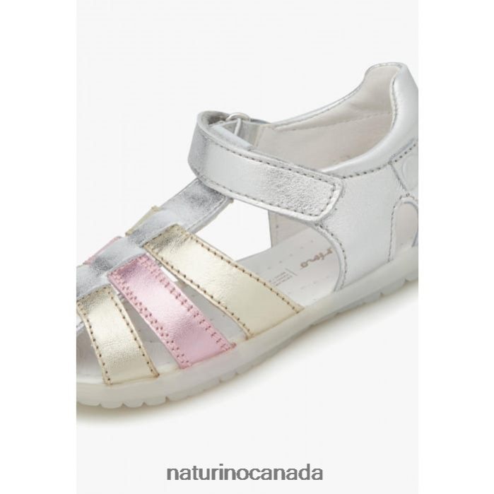 Kids SEE Z2N0TL329 Naturino Metallic Leather Semi Closed Sandals Silver-Platinum