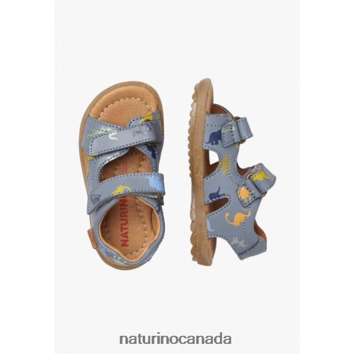 Kids SKY Z2N0TL325 Naturino Leather Sandals with Dinosaur Print Sky Blue