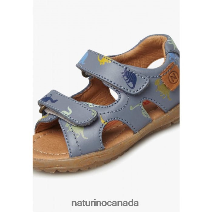 Kids SKY Z2N0TL325 Naturino Leather Sandals with Dinosaur Print Sky Blue