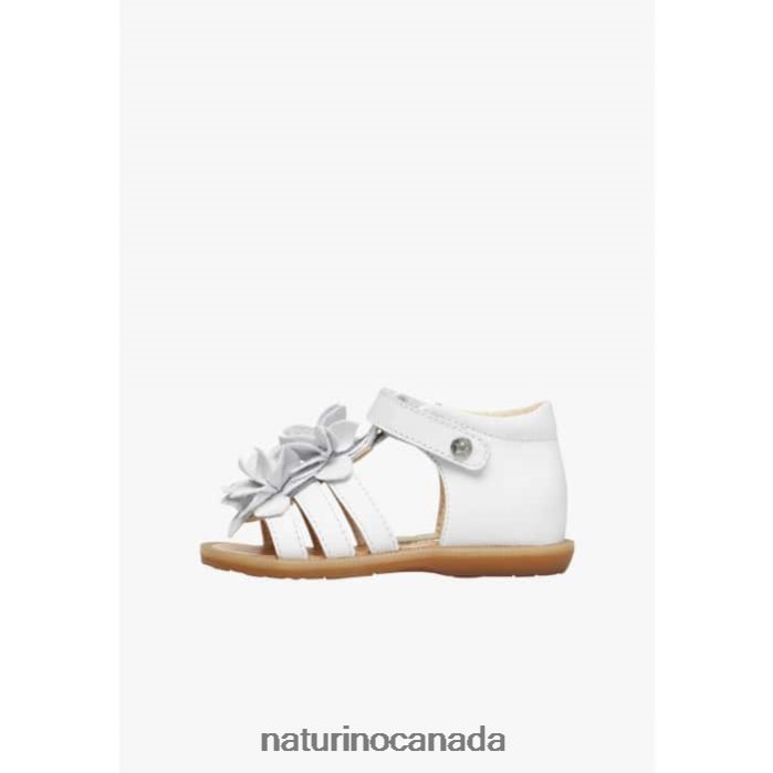 Kids ZOEYY Z2N0TL239 Naturino Leather Sandals with Applied Flowers White