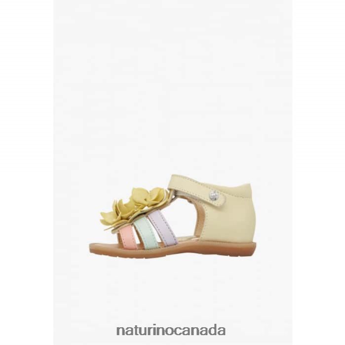 Kids ZOEYY Z2N0TL242 Naturino Leather Sandals with Applied Flowers Yellow