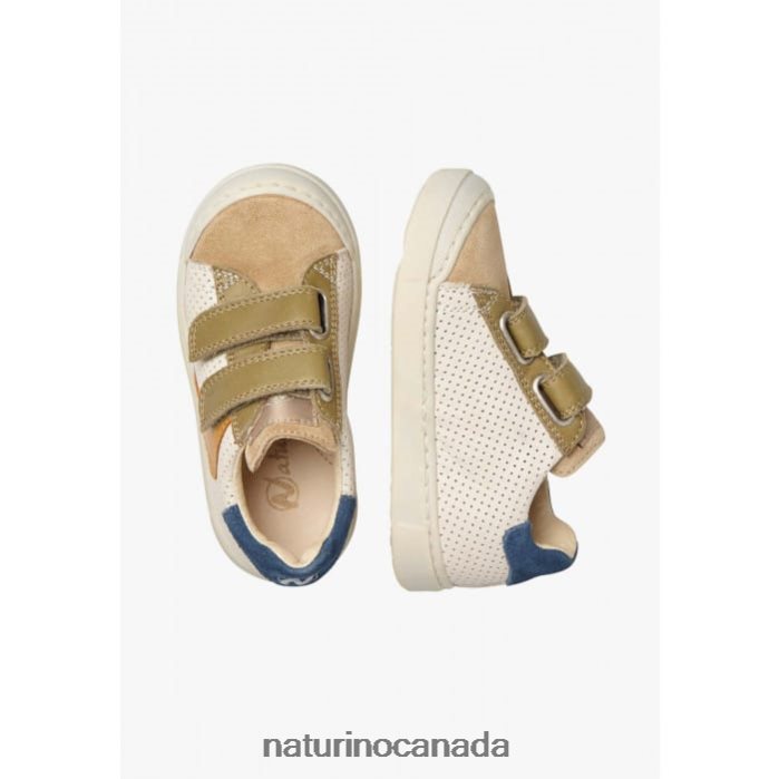 Kids CLARENDON VL Z2N0TL488 Naturino Perforated Nappa Leather and Suede Sneakers Cognac-Dark Green