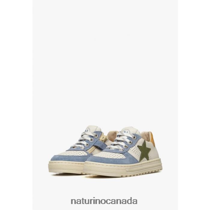 Kids HESS ZIP. Z2N0TL416 Naturino Perforated Leather and Sued Sneakers with Zipper White-Sky Blue