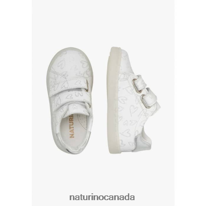 Kids OWIE VL Z2N0TL386 Naturino Leather Sneakers with Hearts Print White