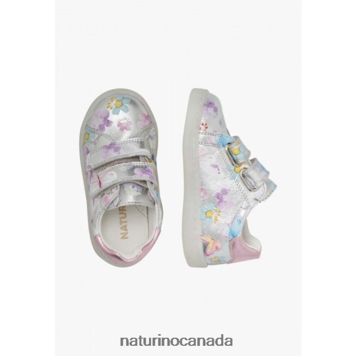 Kids OWIE VL Z2N0TL417 Naturino Leather Sneakers with Butterfly Print Silver