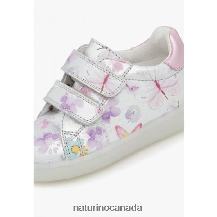 Kids OWIE VL Z2N0TL417 Naturino Leather Sneakers with Butterfly Print Silver