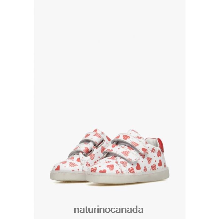 Kids OWIE VL Z2N0TL505 Naturino Leather Sneakers with Hearts Print White-Red
