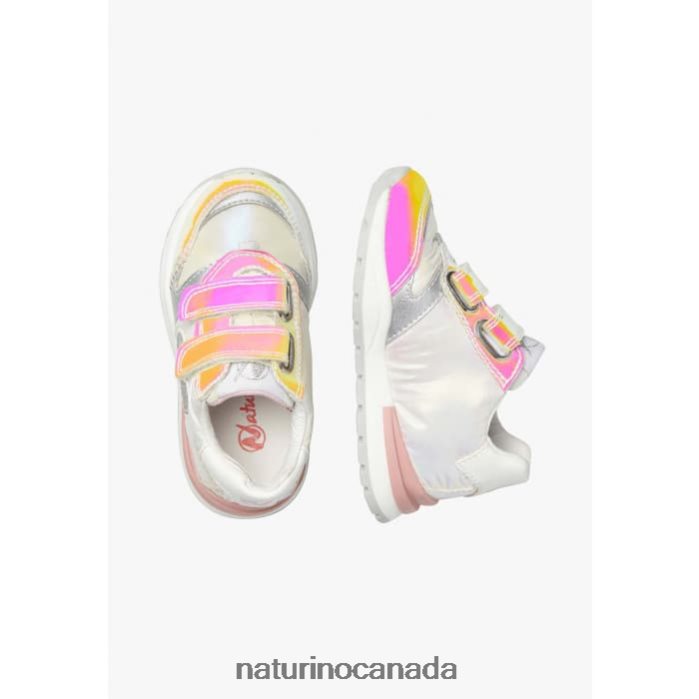 Kids QUELLY VL Z2N0TL366 Naturino Leather and Fabric Sneakers Silver-White